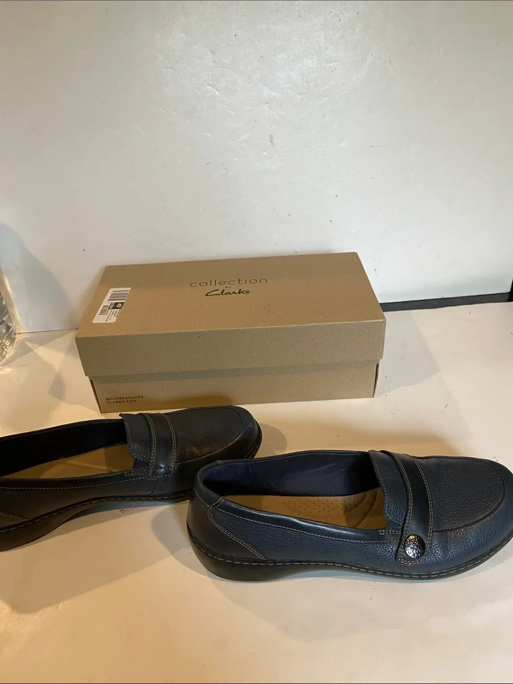 Clarks Cora Daisy Deep Navy Textured Slip-on Wedge Loafers